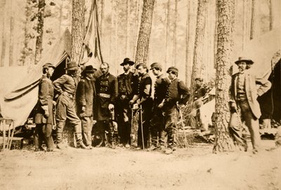 Le général Potter et son état-major avec Mathew Brady appuyé contre un arbre, 1861-65 - Mathew B. Brady